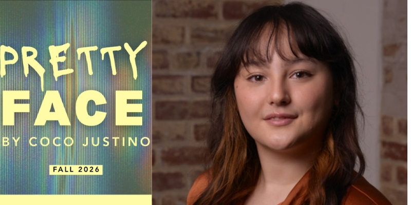 On the left: Text reads "Pretty Face by Coco Justino, Fall 2026." On the right: Headshot of Coco Justino