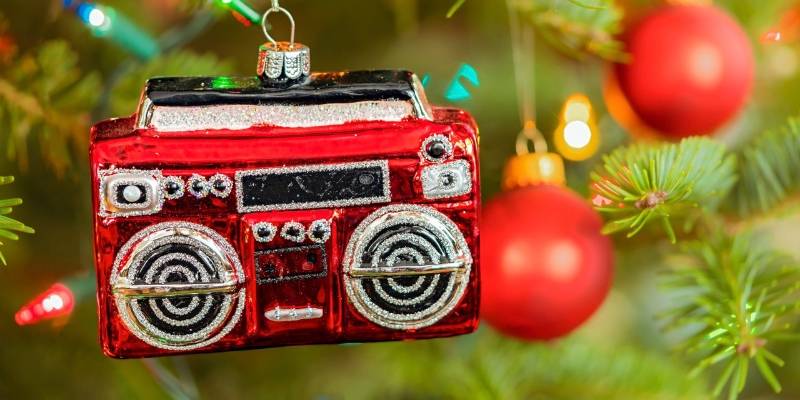 Close-up of a red Christmas ornament shaped like a radio.