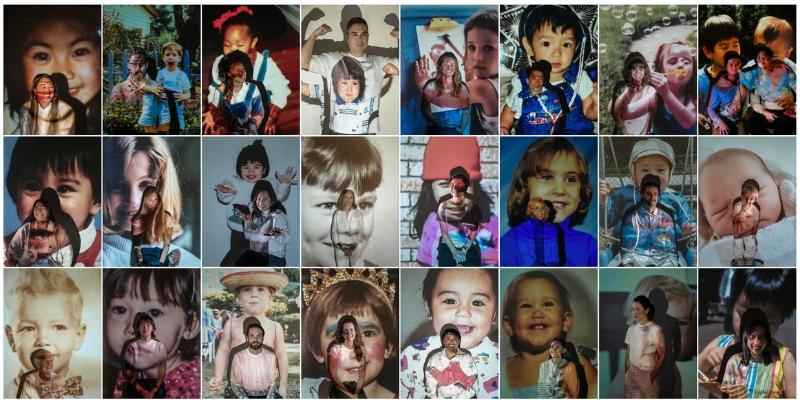 Collage of people posing with childhood photos projected over them