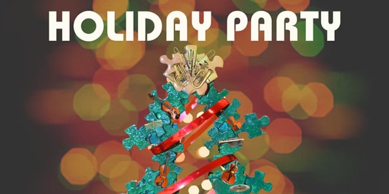 Text reading “HOLIDAY PARTY” above a decorative tree made of green puzzle pieces, adorned with red ribbon and miniature musical instruments.